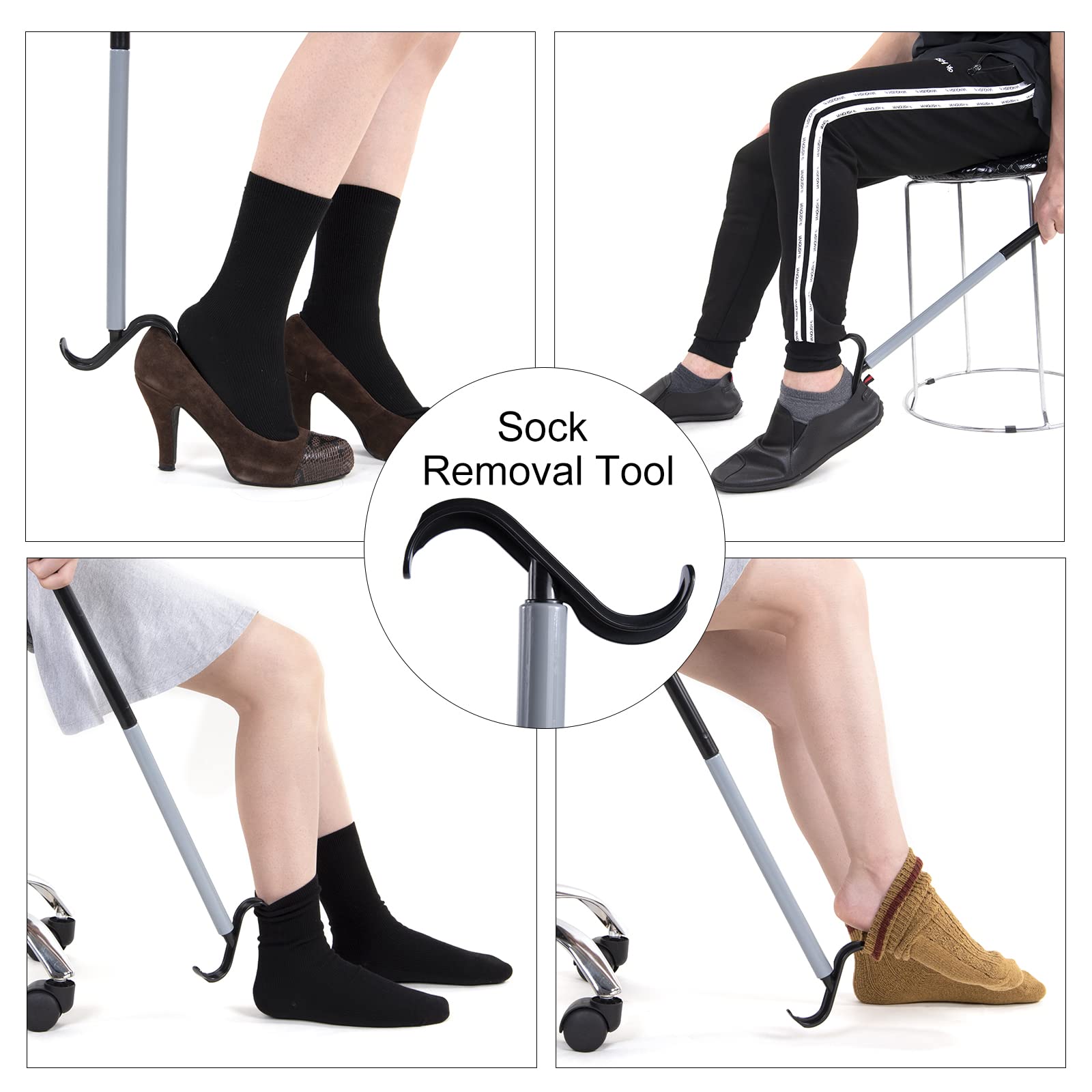 35" Long Dressing Stick with Shoe Horn with Sock Removal Tool, Adjustable Extended Dressing Aids for Shoes, Socks, Shirts and Pants Grey and Black
