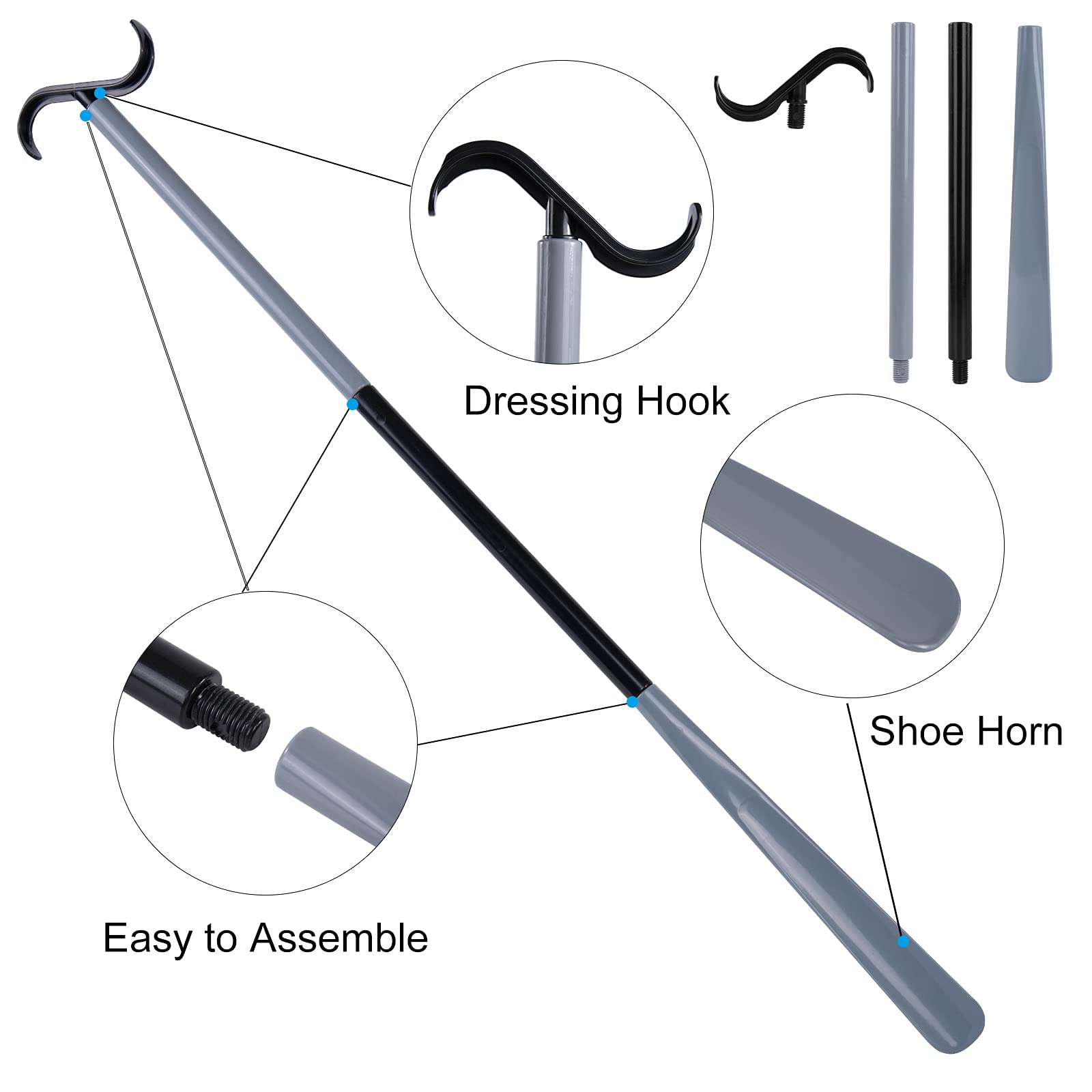 35" Long Dressing Stick with Shoe Horn with Sock Removal Tool, Adjustable Extended Dressing Aids for Shoes, Socks, Shirts and Pants Grey and Black