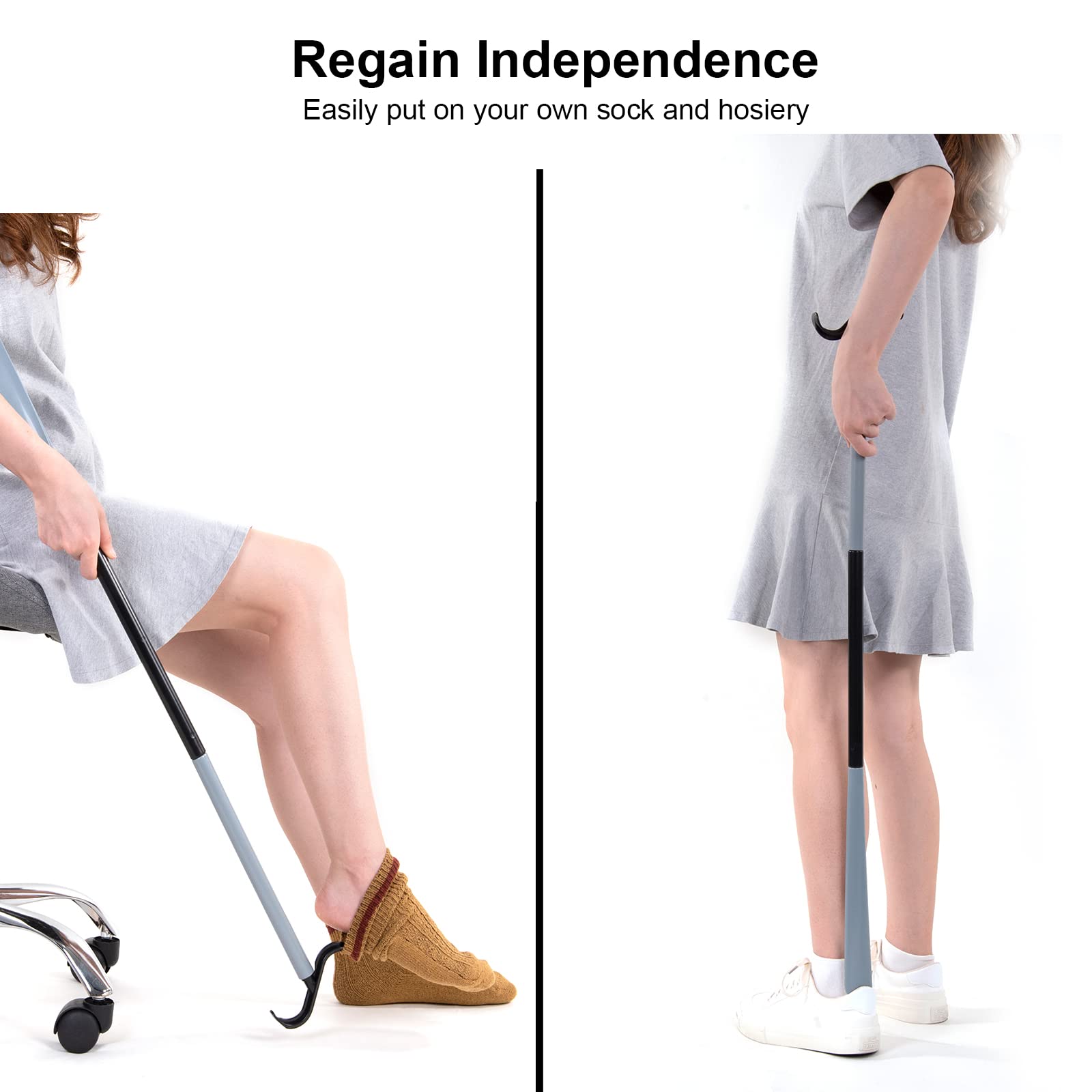 35" Long Dressing Stick with Shoe Horn with Sock Removal Tool, Adjustable Extended Dressing Aids for Shoes, Socks, Shirts and Pants Grey and Black