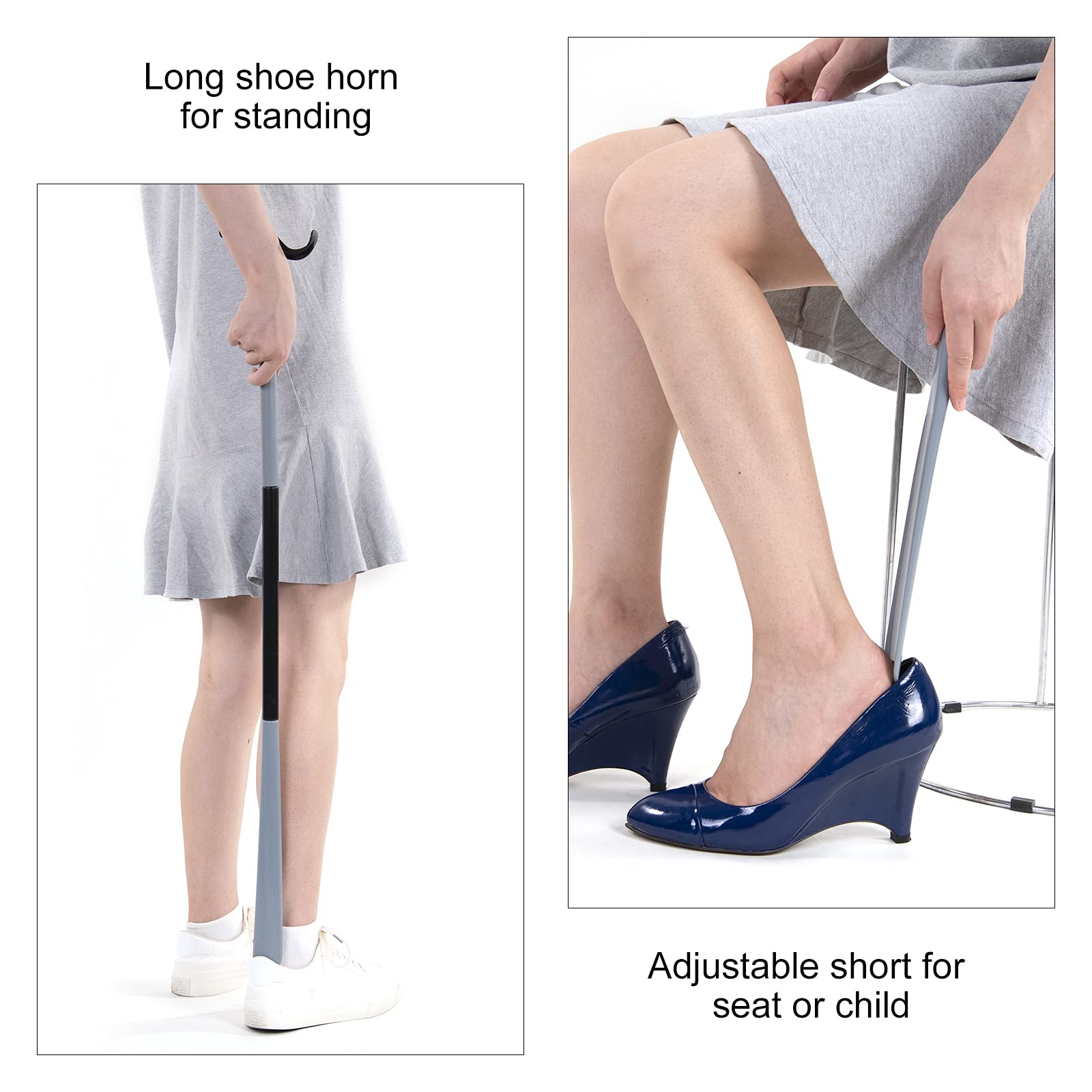 35" Long Dressing Stick with Shoe Horn with Sock Removal Tool, Adjustable Extended Dressing Aids for Shoes, Socks, Shirts and Pants Grey and Black