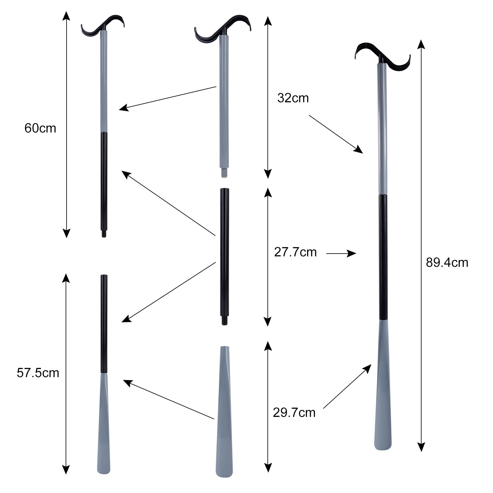 35" Long Dressing Stick with Shoe Horn with Sock Removal Tool, Adjustable Extended Dressing Aids for Shoes, Socks, Shirts and Pants Grey and Black
