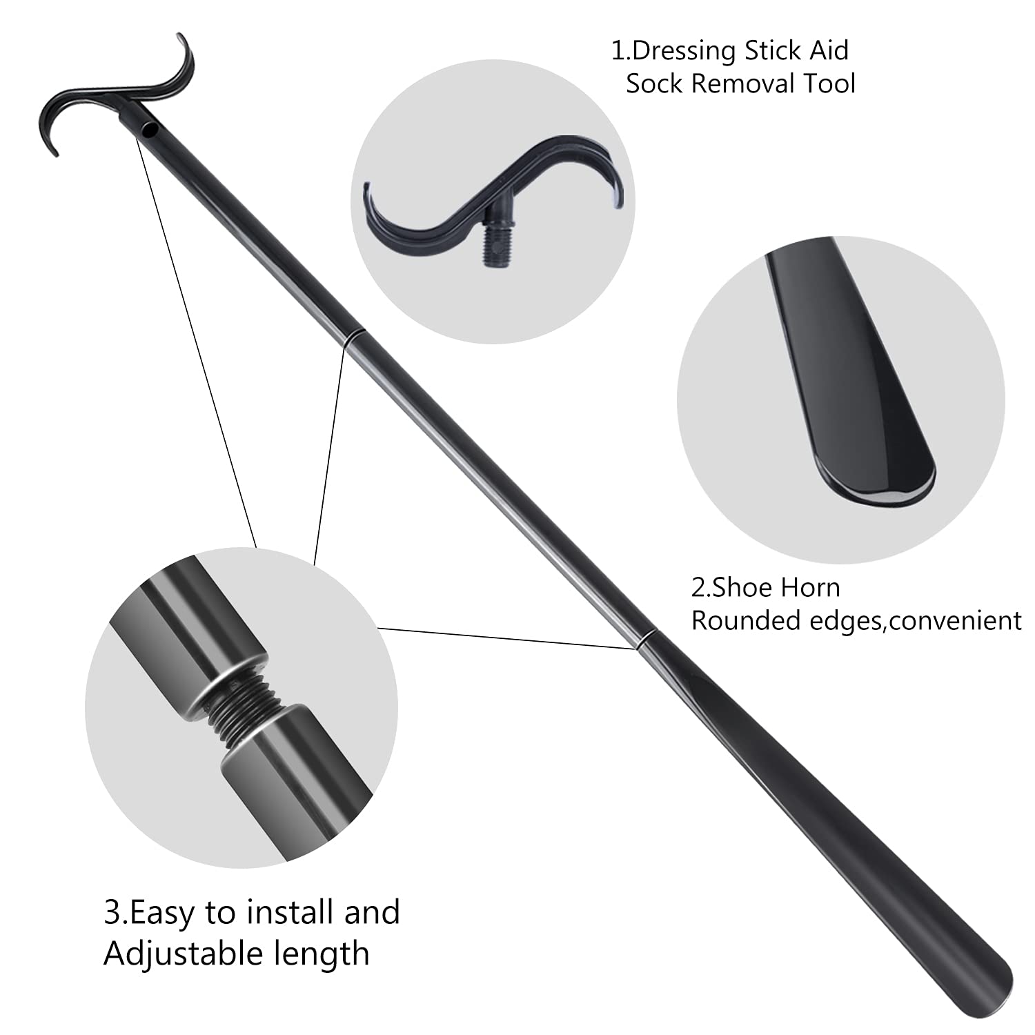 35" Long Dressing Stick with Shoe Horn with Sock Removal Tool, Adjustable Extended Dressing Aids for Shoes, Socks, Shirts and Pants