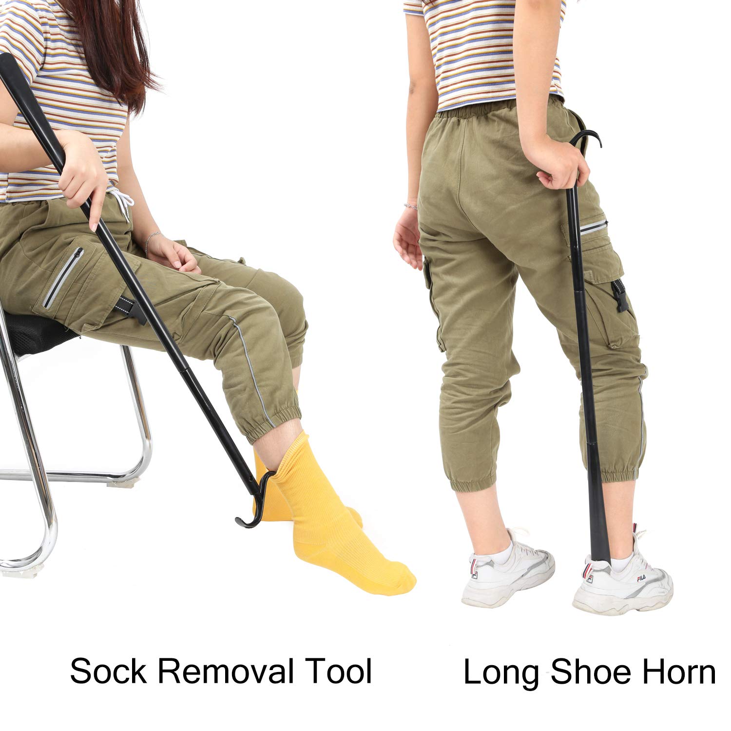 35" Long Dressing Stick with Shoe Horn with Sock Removal Tool, Adjustable Extended Dressing Aids for Shoes, Socks, Shirts and Pants