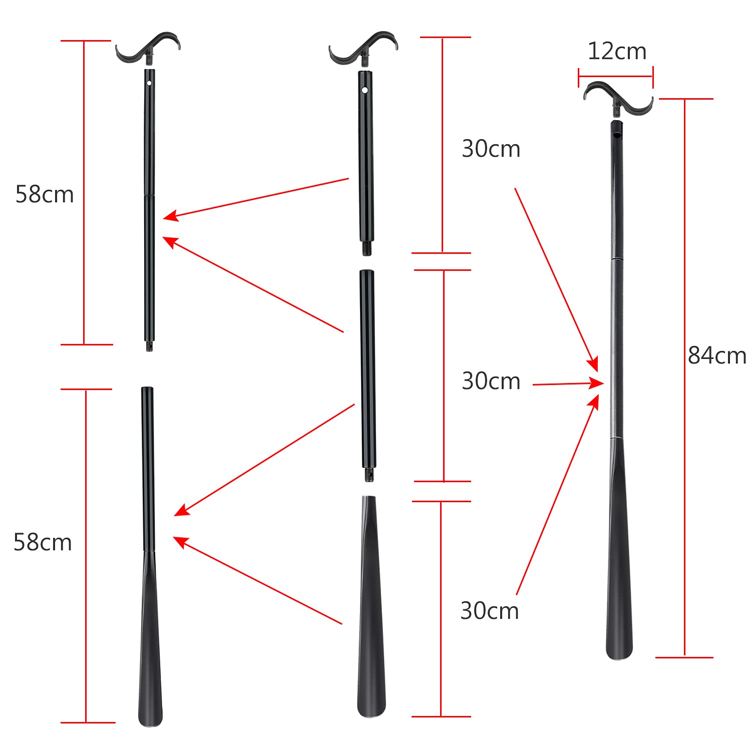 35" Long Dressing Stick with Shoe Horn with Sock Removal Tool, Adjustable Extended Dressing Aids for Shoes, Socks, Shirts and Pants