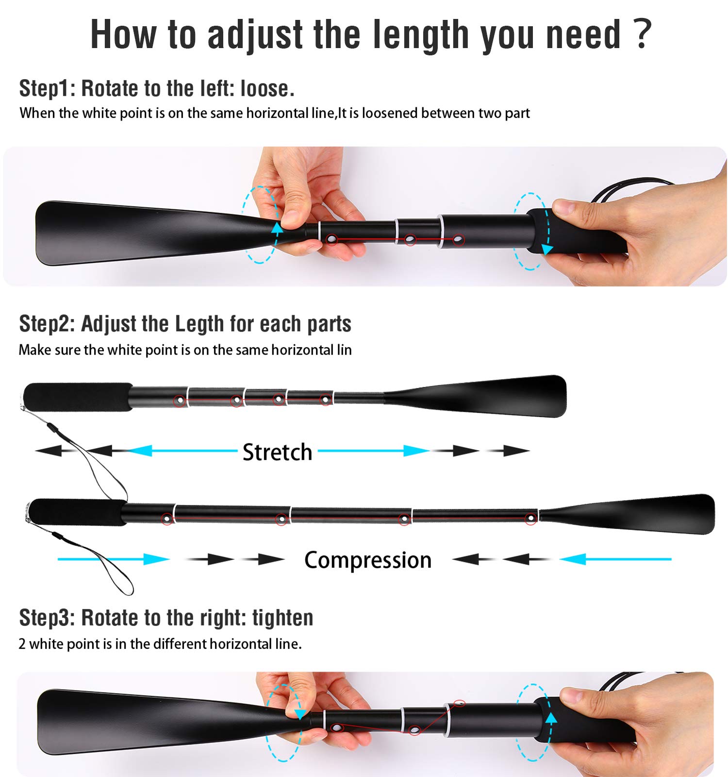 JJDPARTS Shoe Horn Long Handle,14.5"-37" Retractable Shoe Horn,Aluminum Shoe Horn For Men Women Kids Seniors
